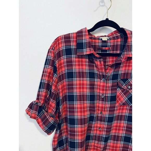 J Crew Top Womens XL Pink Blue Plaid Popover Tunic Metallic Roll Tab Sleeve - Picture 4 of 8